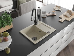 Mexen Enzo 1 medencés gránit mosogató csepegtetővel és Savita konyhai csappal, bézs - 6506-69-672601-70