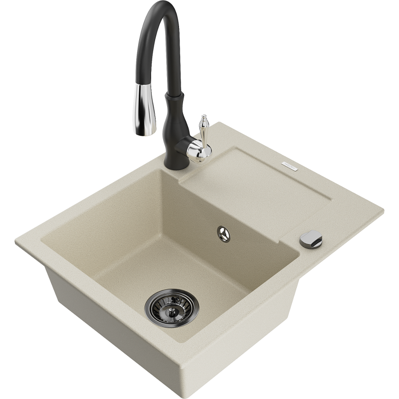 Mexen Enzo chiuvetă din granit cu 1 compartiment, cu scurgător și baterie de bucătărie Savita, bej - 6506-69-672601-70