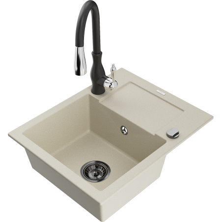 Mexen Enzo chiuvetă din granit cu 1 compartiment, cu scurgător și baterie de bucătărie Savita, bej - 6506-69-672601-70