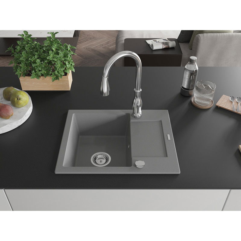 Mexen Enzo chiuvetă din granit cu 1 compartiment, cu picurător și baterie de bucătărie Savita, gri - 6506-71-672601-00