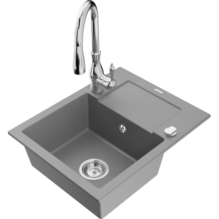Mexen Enzo chiuvetă din granit cu 1 compartiment, cu picurător și baterie de bucătărie Savita, gri - 6506-71-672601-00