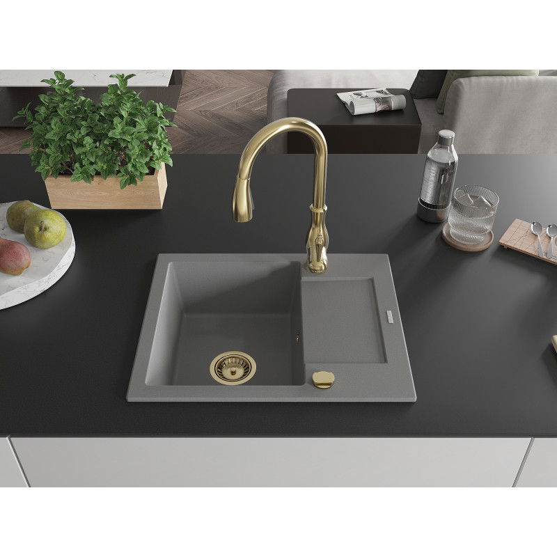 Mexen Enzo egymedencés gránit mosogató csepegtetővel és Savita konyhai csappal, szürke - 6506-71-672601-50