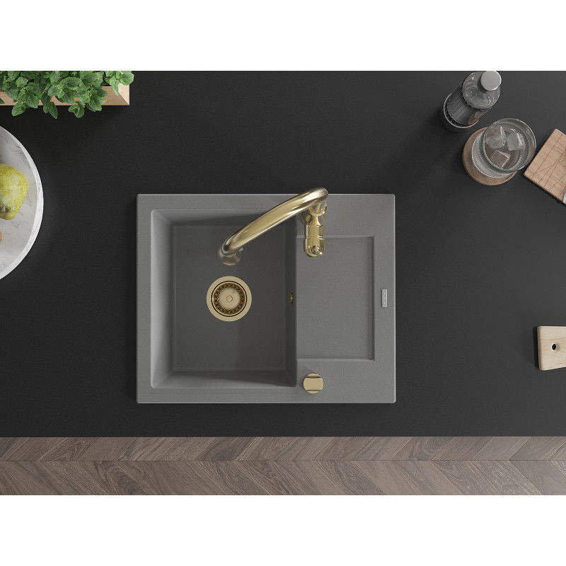 Mexen Enzo chiuvetă de granit cu 1 compartiment cu scurgător și baterie de bucătărie Savita, gri - 6506-71-672601-50