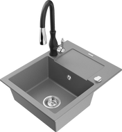 Mexen Enzo gránit mosogatótálca 1-medencés csepegtetővel és Savita konyhai csapteleppel, szürke - 6506-71-672601-70