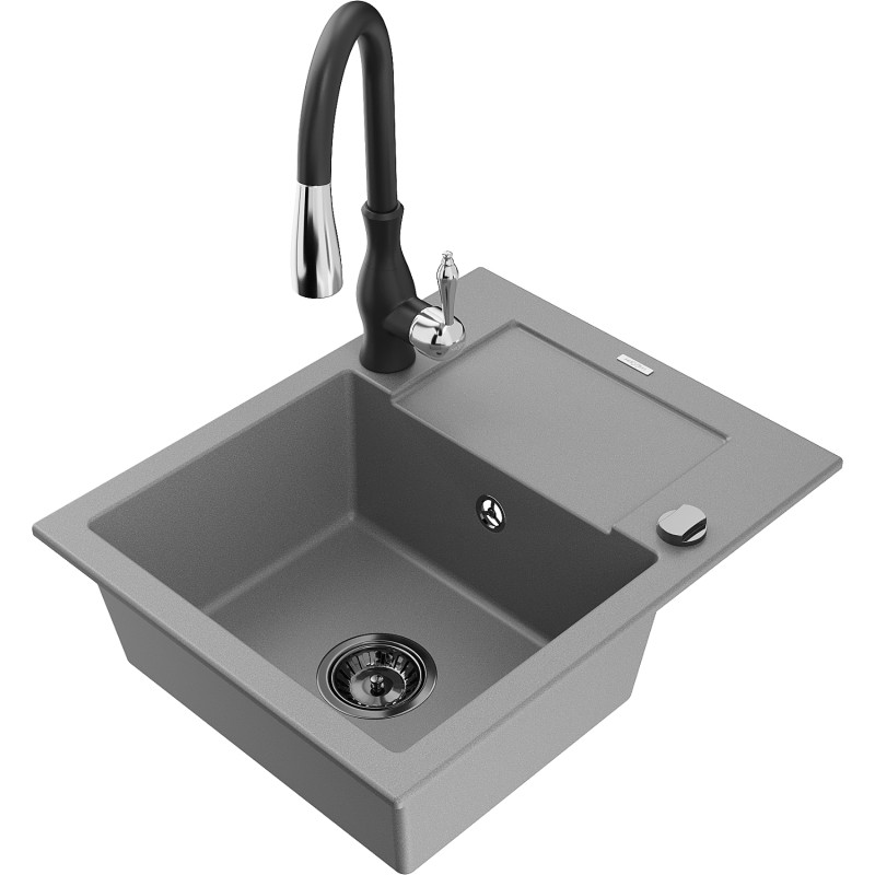 Mexen Enzo chiuvetă de bucătărie din granit cu 1 compartiment cu scurgător și baterie de bucătărie Savita, gri