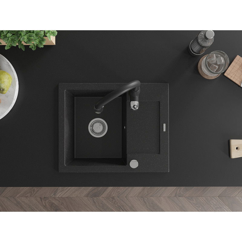 Mexen Enzo chiuvetă de bucătărie din granit cu 1 cuvă cu scurgător și baterie Savita, negru/argintiu metalic