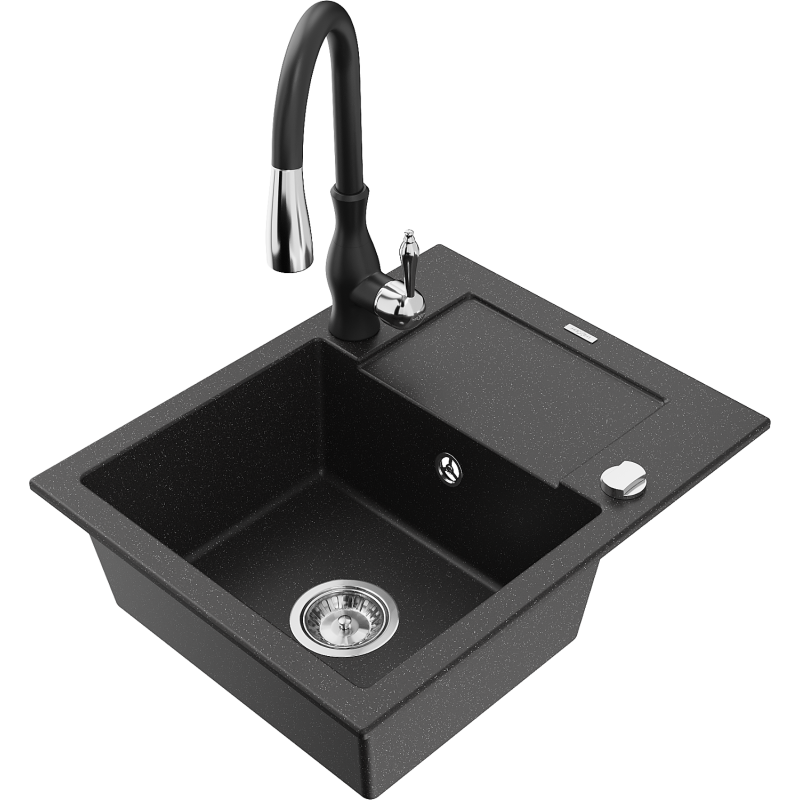 Mexen Enzo chiuvetă de bucătărie din granit cu 1 cuvă cu scurgător și baterie Savita, negru/argintiu metalic