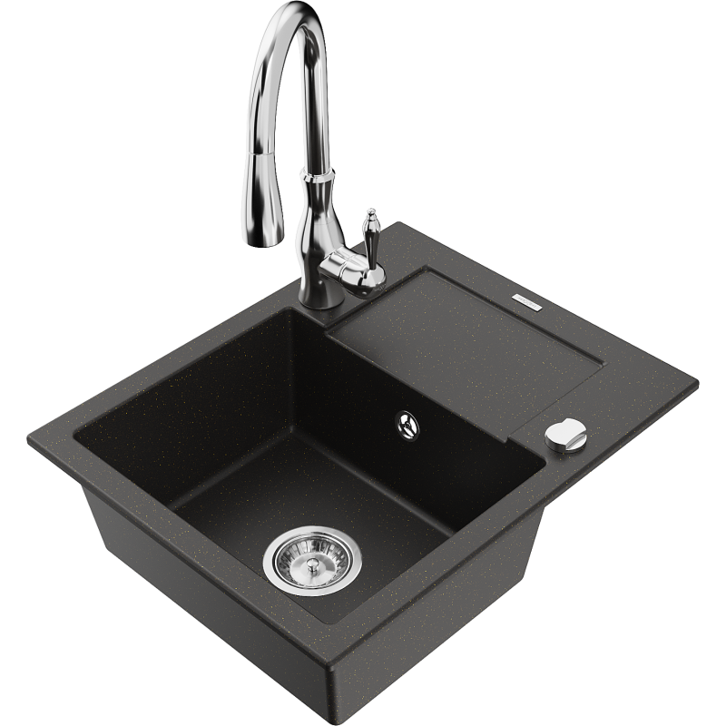 Mexen Enzo chiuvetă de granit cu 1 compartiment cu scurgător și baterie de bucătărie Savita, negru/auriu metalic