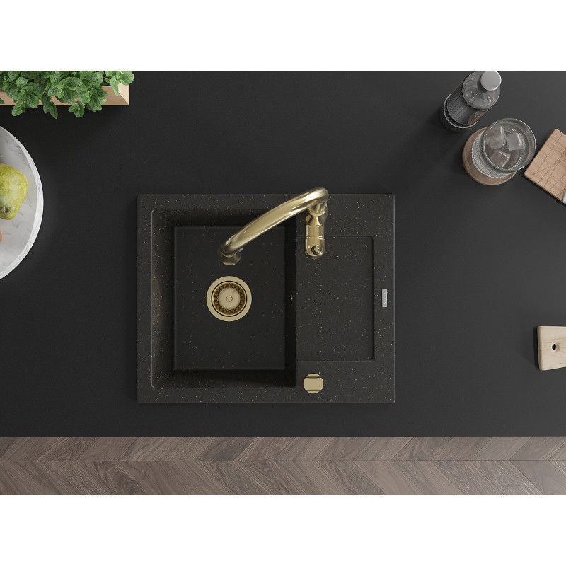 Mexen Enzo gránit mosogató 1-medencés csepegtetővel és Savita konyhai csappal, fekete/arany metál - 6506-75-672601-50