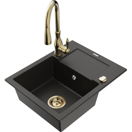 Mexen Enzo chiuvetă de granit cu o singură cuvă și scurgător, cu baterie de bucătărie Savita, negru/auriu metalic