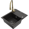 Mexen Enzo chiuvetă de bucătărie din granit cu 1 compartiment, cu scurgător și baterie de bucătărie Savita, negru/auriu