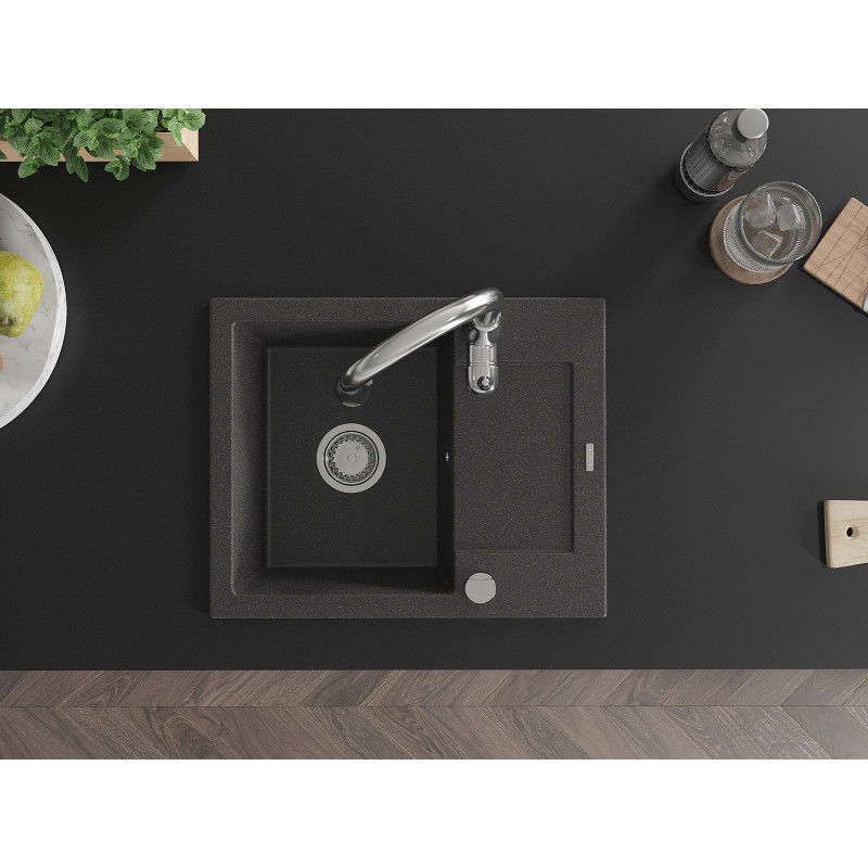 Mexen Enzo 1-medencés gránit mosogató csepegtetővel és Savita konyhai csapteleppel, fekete pöttyös - 6506-76-672601-00