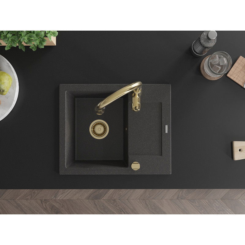 Mexen Enzo 1 kamrás gránit mosogató csepegtetővel és Savita konyhai csapteleppel, fekete pöttyös - 6506-76-672601-50