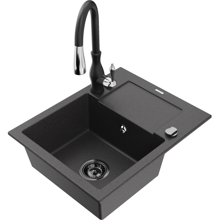 Mexen Enzo chiuvetă din granit cu 1 compartiment cu scurgător și baterie de bucătărie Savita, negru pătat