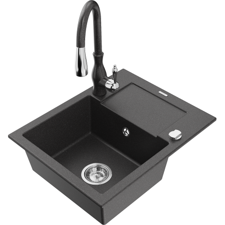 Mexen Enzo chiuvetă granit 1-cuptor cu picurător și baterie de bucătărie Savita, negru pătat - 6506-76-672601-76