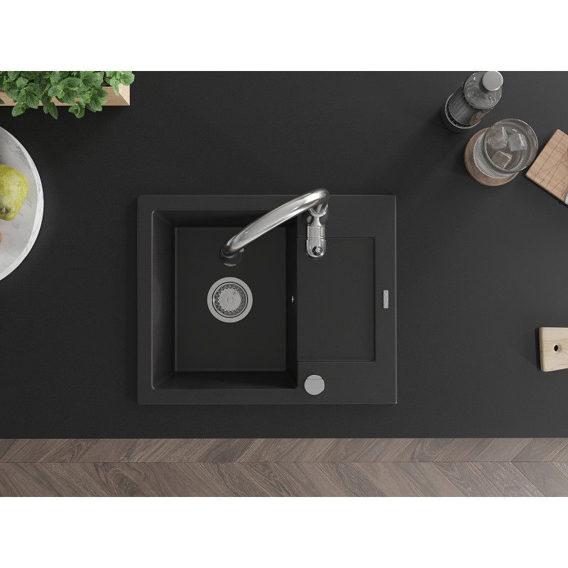 Mexen Enzo gránit egytálcás mosogató csepegtetőtálcával és Savita konyhai csappal, fekete - 6506-77-672601-00