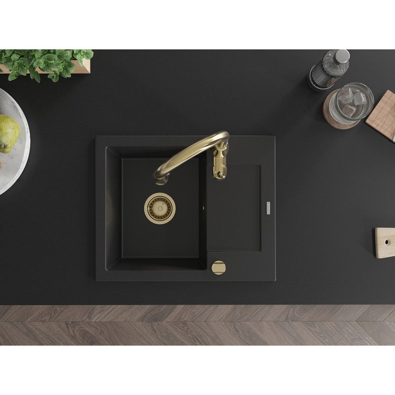 Mexen Enzo chiuvetă de granit cu 1 compartiment cu scurgător și baterie de bucătărie Savita, negru - 6506-77-672601-50