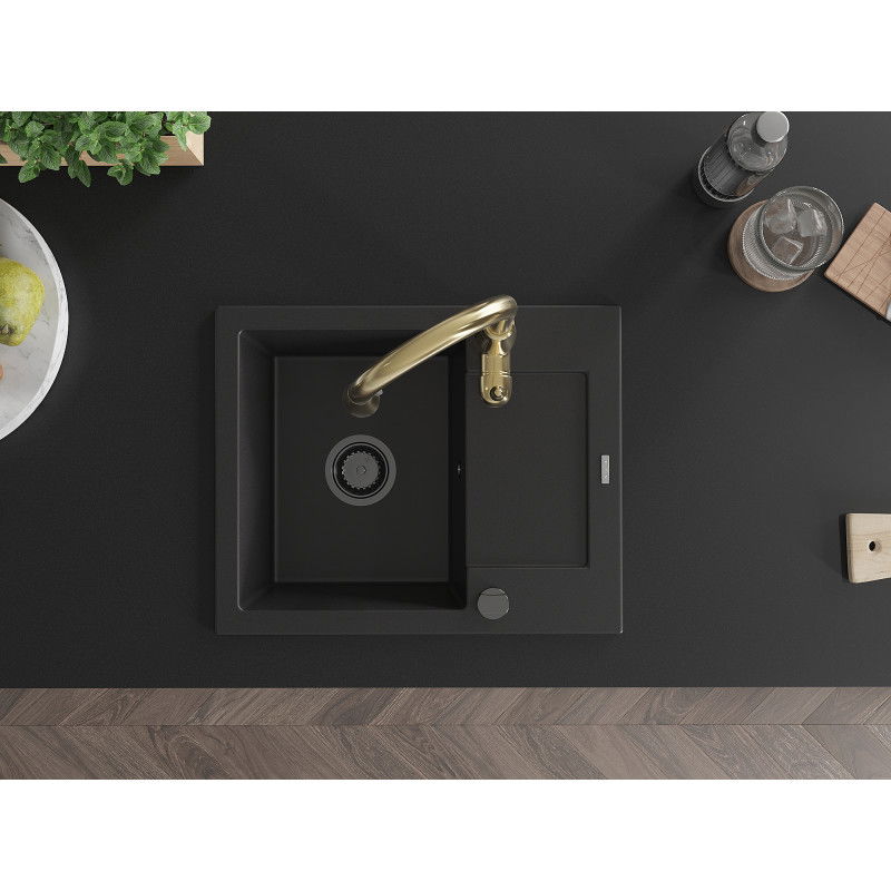 Mexen Enzo chiuvetă de granit cu 1 cuvă și scurgător și baterie de bucătărie Savita, negru - 6506-77-672601-50-B
