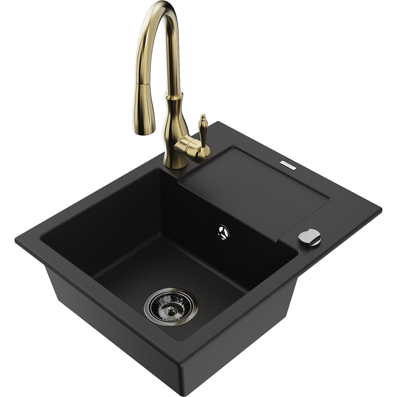 Mexen Enzo gránit egymedencés mosogató csepptálcával és Savita konyhai csapteleppel, fekete - 6506-77-672601-50-B