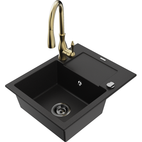 Mexen Enzo gránit egymedencés mosogató csepptálcával és Savita konyhai csapteleppel, fekete - 6506-77-672601-50-B