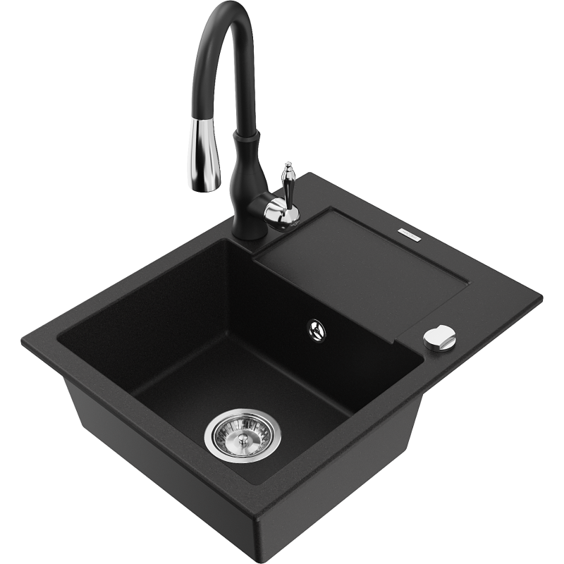 Mexen Enzo chiuvetă de bucătărie din granit cu 1 cuvă și scurgător și baterie Savita, negru - 6506-77-672601-70