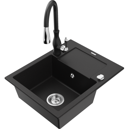 Mexen Enzo chiuvetă de bucătărie din granit cu 1 cuvă și scurgător și baterie Savita, negru - 6506-77-672601-70