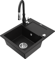 Mexen Enzo egymedencés gránit mosogató csepegtetővel és Savita konyhai csapteleppel, fekete - 6506-77-672601-70