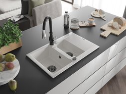 Mexen Gaspar chiuvetă de bucătărie din granit 1,5 boluri cu scurgător și robinet de bucătărie Savita, alb - 6507-20-672601-70