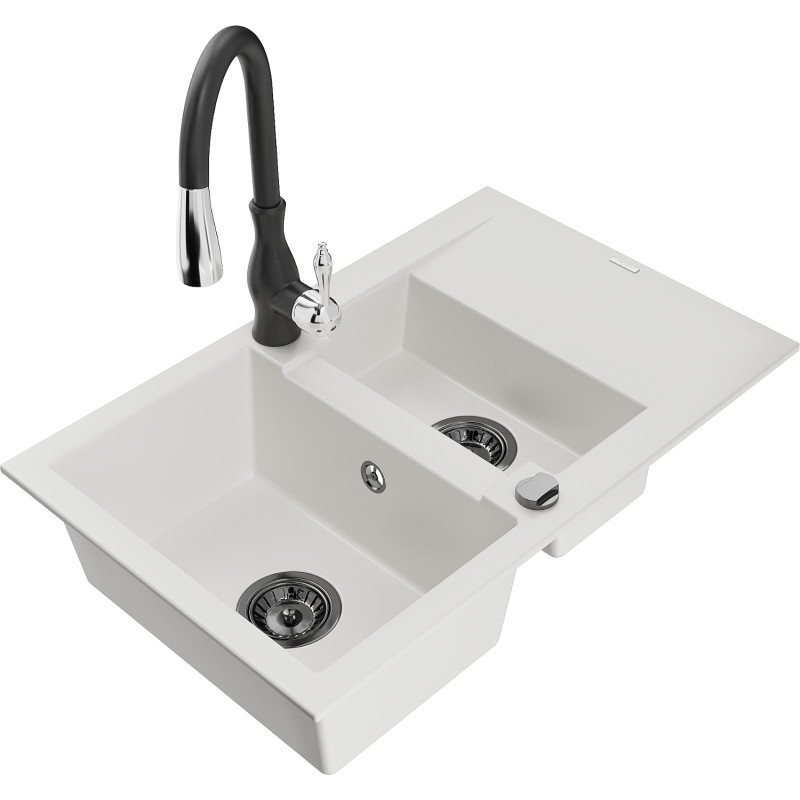 Mexen Gaspar chiuvetă de granit cu 1,5 compartimente, cu scurgător și baterie de bucătărie Savita, alb - 6507-20-672601-70
