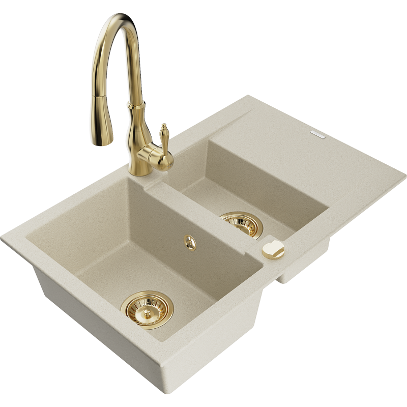 Chiuvetă din granit Mexen Gaspar 1,5 camere cu scurgător și baterie de bucătărie Savita, bej - 6507-69-672601-50