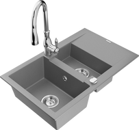 Mexen Gaspar chiuvetă de granit cu 1,5 compartimente cu scurgător și baterie de bucătărie Savita, gri - 6507-71-672601-00