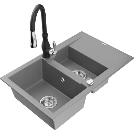 Mexen Gaspar chiuvetă de granit cu 1,5 camere, cu scurgător și baterie de bucătărie Savita, gri - 6507-71-672601-70