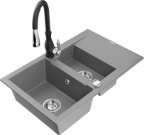 Mexen Gaspar chiuvetă de granit cu 1,5 camere, cu scurgător și baterie de bucătărie Savita, gri - 6507-71-672601-70