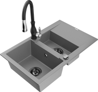 Mexen Gaspar chiuvetă de granit 1,5 camere cu scurgător și baterie de bucătărie Savita, gri - 6507-71-672601-70-B