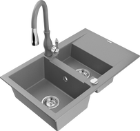 Mexen Gaspar chiuvetă de bucătărie granit 1,5-camere cu scurgător și baterie de bucătărie Savita, gri - 6507-71-672601-71