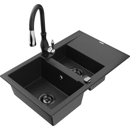 Mexen Gaspar chiuvetă de bucătărie din granit cu 1,5 compartimente, cu picurător și baterie Savita, negru/argintiu