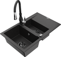 Mexen Gaspar 1,5-medencés gránit mosogató csepegtetővel és Savita konyhai csapteleppel, fekete/ezüst - 6507-73-672601-70-B