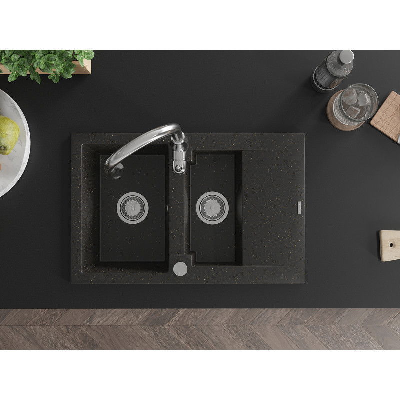 Mexen Gaspar chiuvetă de granit cu 1,5 cuve și scurgător, cu baterie de bucătărie Savita, negru/auriu - 6507-75-672601-00