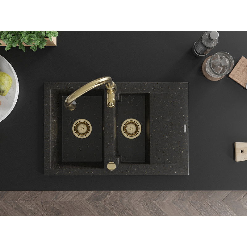 Mexen Gaspar gránit mosogató 1,5 rekeszes csepegtetővel és Savita konyhai csapteleppel, fekete/arany - 6507-75-672601-50