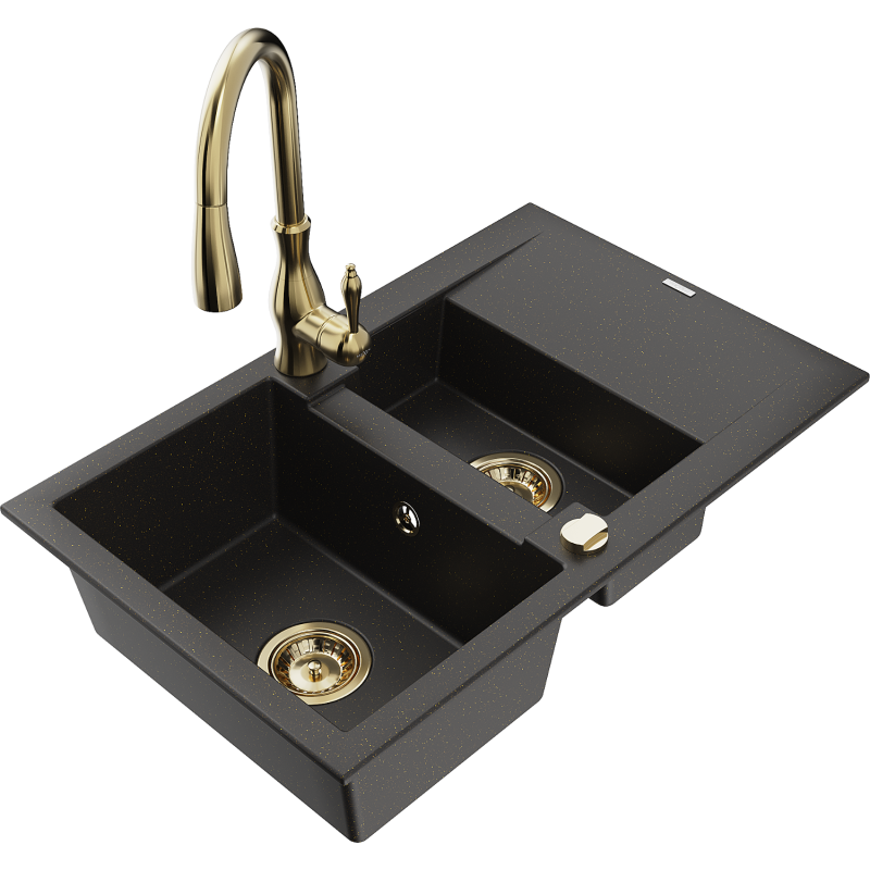 Chiuvetă granit Mexen Gaspar 1,5 camere cu scurgător și baterie bucătărie Savita, negru/auriu - 6507-75-672601-50