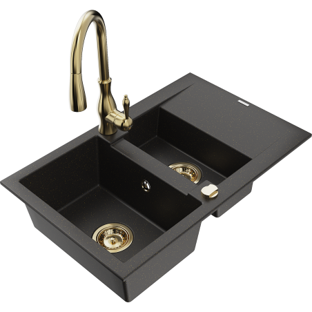Chiuvetă granit Mexen Gaspar 1,5 camere cu scurgător și baterie bucătărie Savita, negru/auriu - 6507-75-672601-50