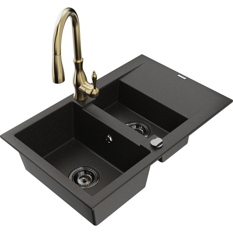 Chiuvetă granit Mexen Gaspar 1,5-bazin cu scurgător și baterie de bucătărie Savita, negru/auriu - 6507-75-672601-50-B