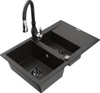 Mexen Gaspar chiuvetă de granit cu 1,5 compartimente cu scurgător și baterie de bucătărie Savita, negru/auriu