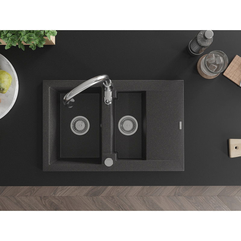 Mexen Gaspar 1,5 rekeszes gránit mosogató csepegtetővel és Savita konyhai csappal, fekete pettyezett - 6507-76-672601-00