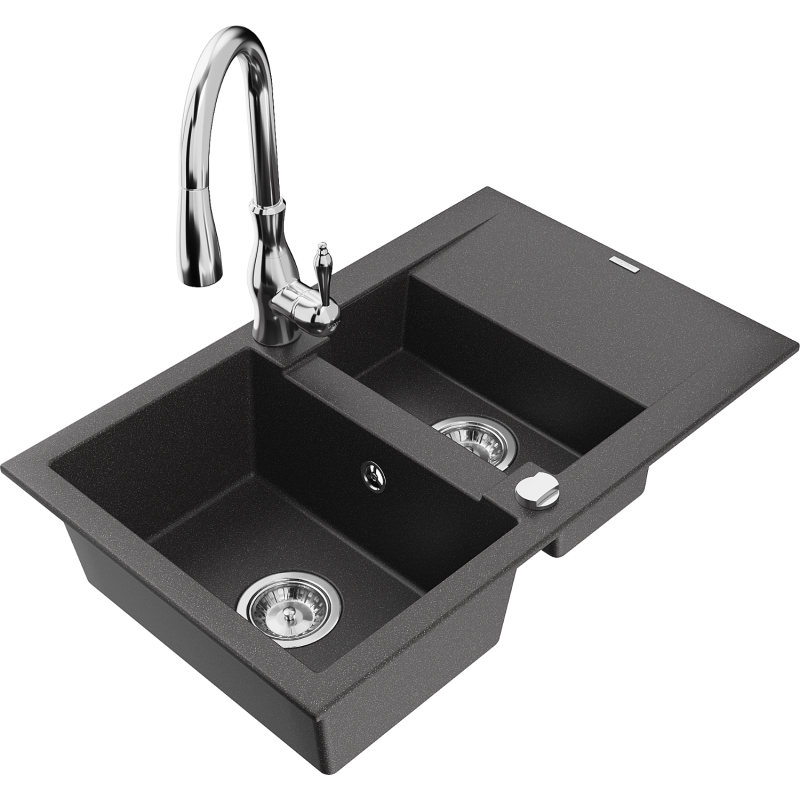 Mexen Gaspar chiuvetă de granit cu 1,5 compartimente cu scurgător și baterie de bucătărie Savita, negru picurat