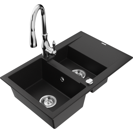 Mexen Gaspar chiuvetă de granit cu 1,5 compartimente cu scurgător și baterie de bucătărie Savita, negru - 6507-77-672601-00