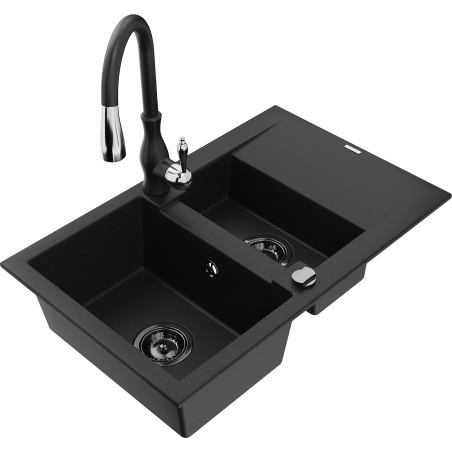 Mexen Gaspar chiuvetă de granit cu 1,5 compartimente cu scurgător și baterie de bucătărie Savita, negru
