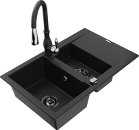Mexen Gaspar chiuvetă de granit cu 1,5 compartimente cu scurgător și baterie de bucătărie Savita, negru