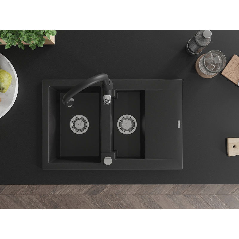 Mexen Gaspar chiuvetă de granit cu 1,5 compartimente cu scurgător și baterie de bucătărie Savita, negru - 6507-77-672601-70