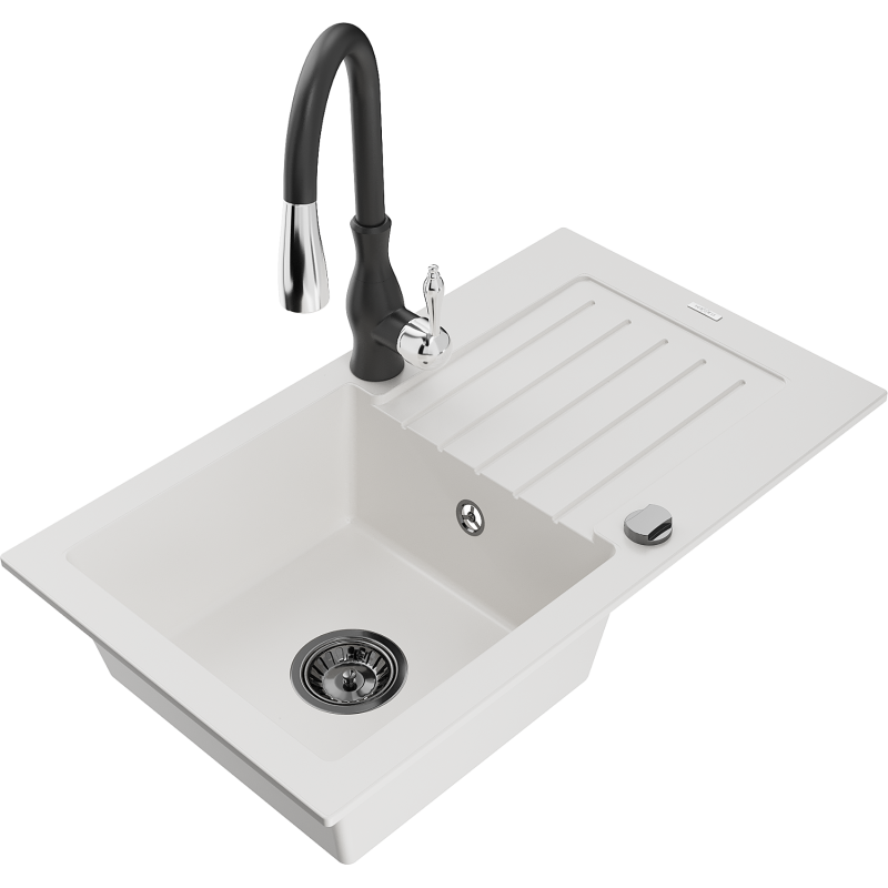 Mexen Pablo chiuvetă bucătărie din granit cu o cuvă și picurător și baterie de bucătărie Savita, alb